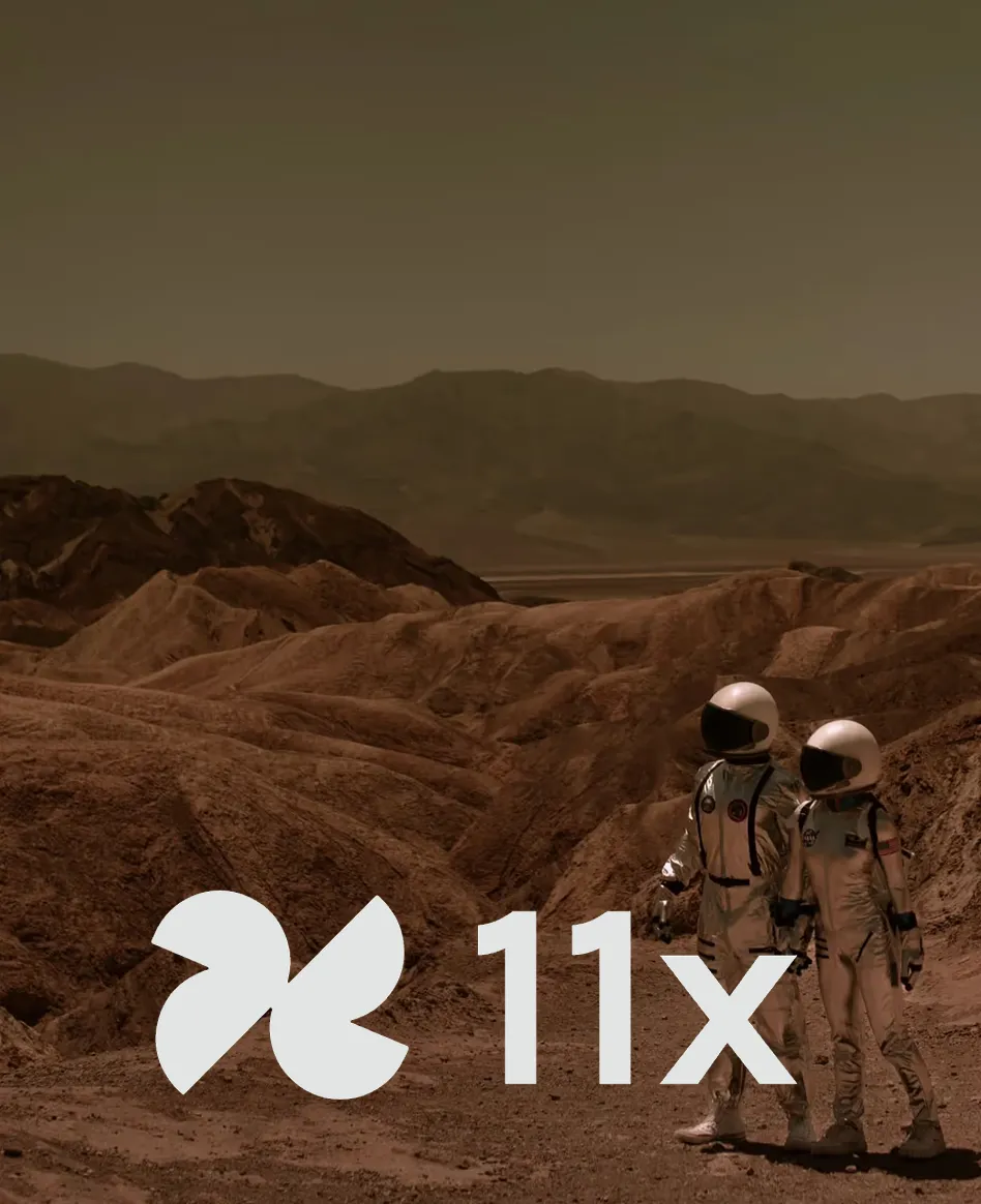 11x astronauts on a rust-colored Mars landscape
