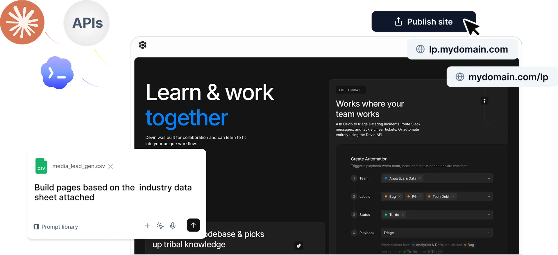 Flint page builder showing a generated marketing page, publishing controls, and connected data sources